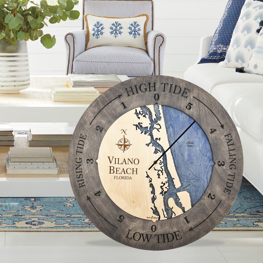 Vilano Beach Tide Clock Driftwood Gray accent with deep blue in use