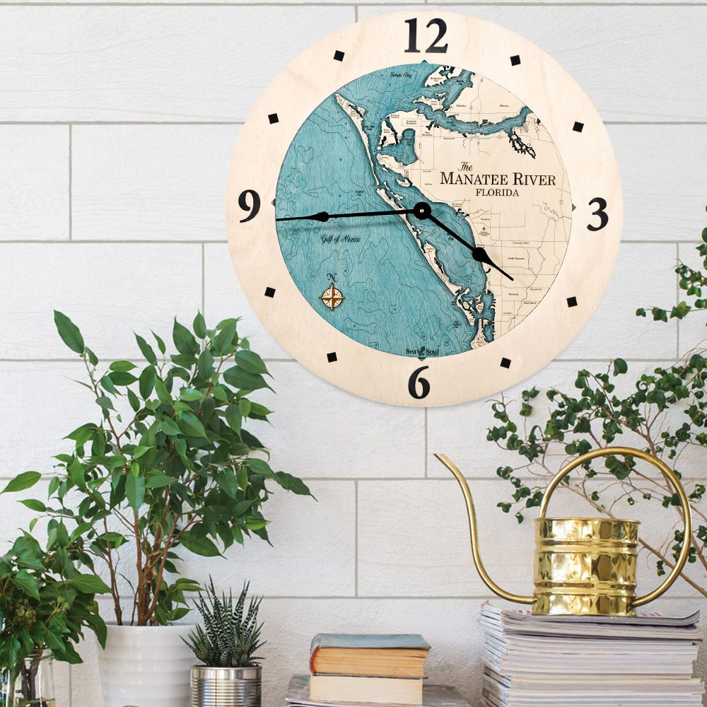 Manatee River Nautical Clock All Birch with blue green water in use