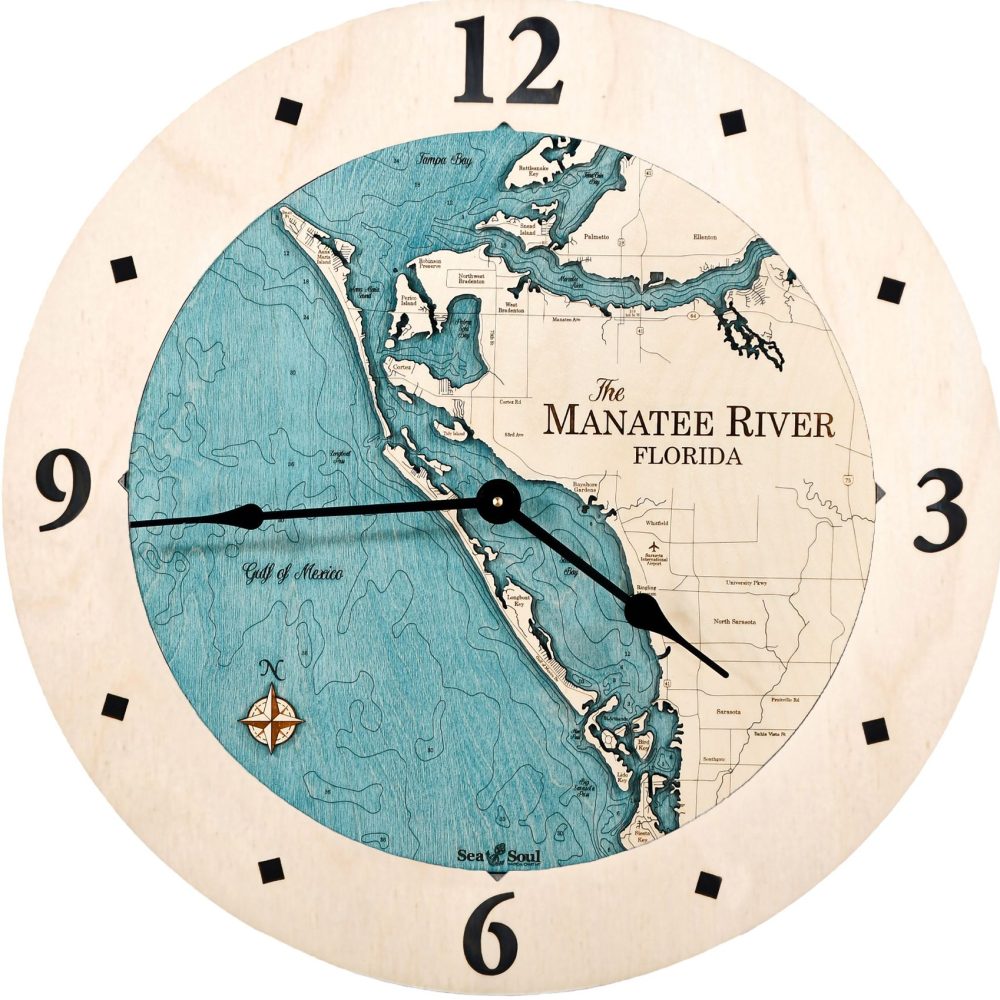 Manatee River Nautical Clock All Birch with blue green water