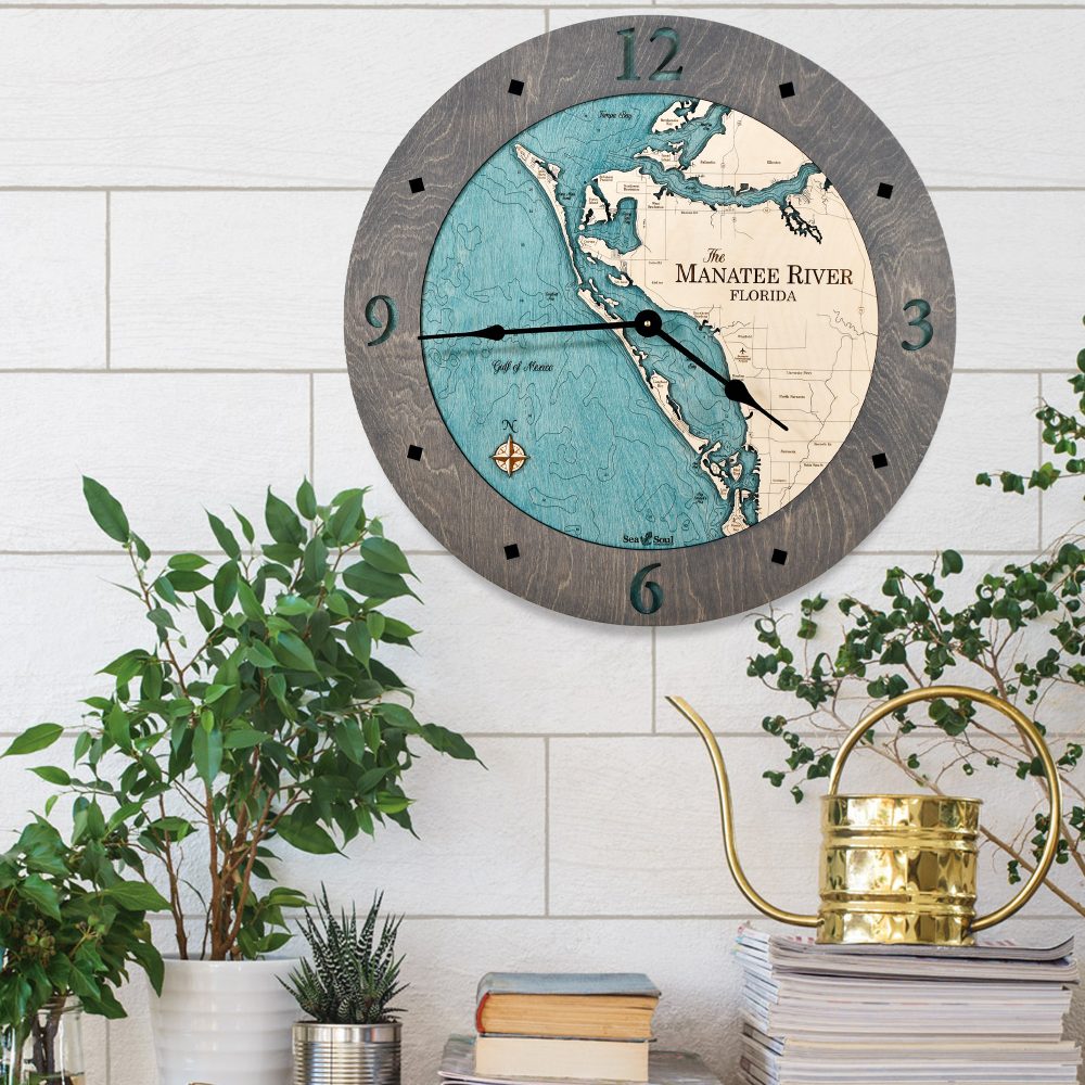 Manatee River Nautical Clock Driftwood Gray accent with blue green water in use