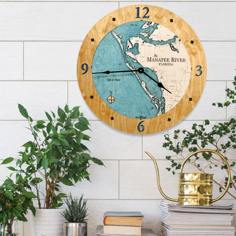 Manatee River Nautical Clock Honey accent with blue green water in use