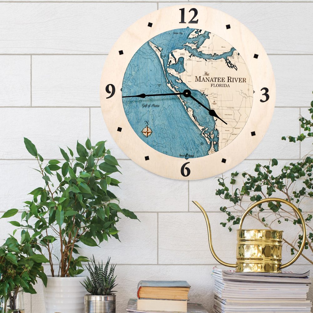 Manatee River Nautical Clock All Birch with deep blue water in use