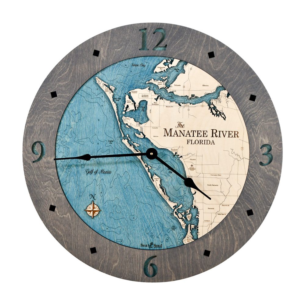 Manatee River Nautical Clock Driftwood Gray accent with deep blue water