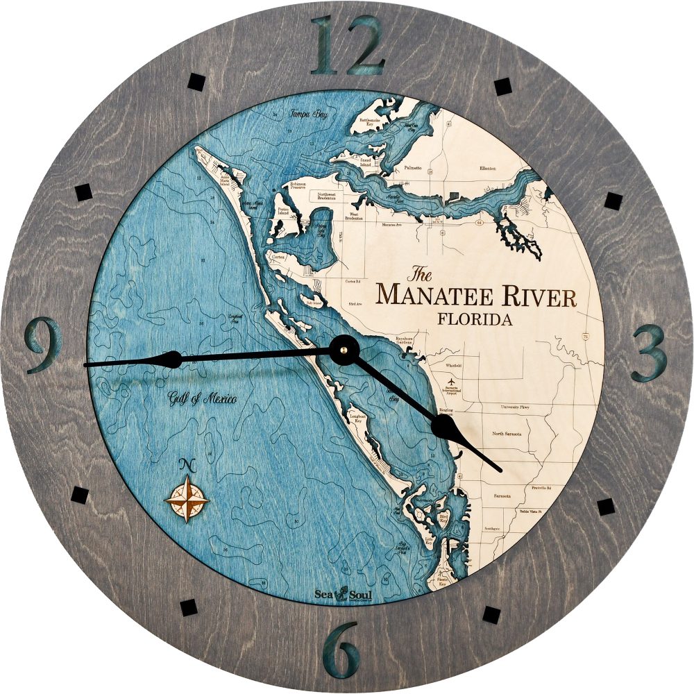 Manatee River Nautical Clock Driftwood Gray accent with deep blue water