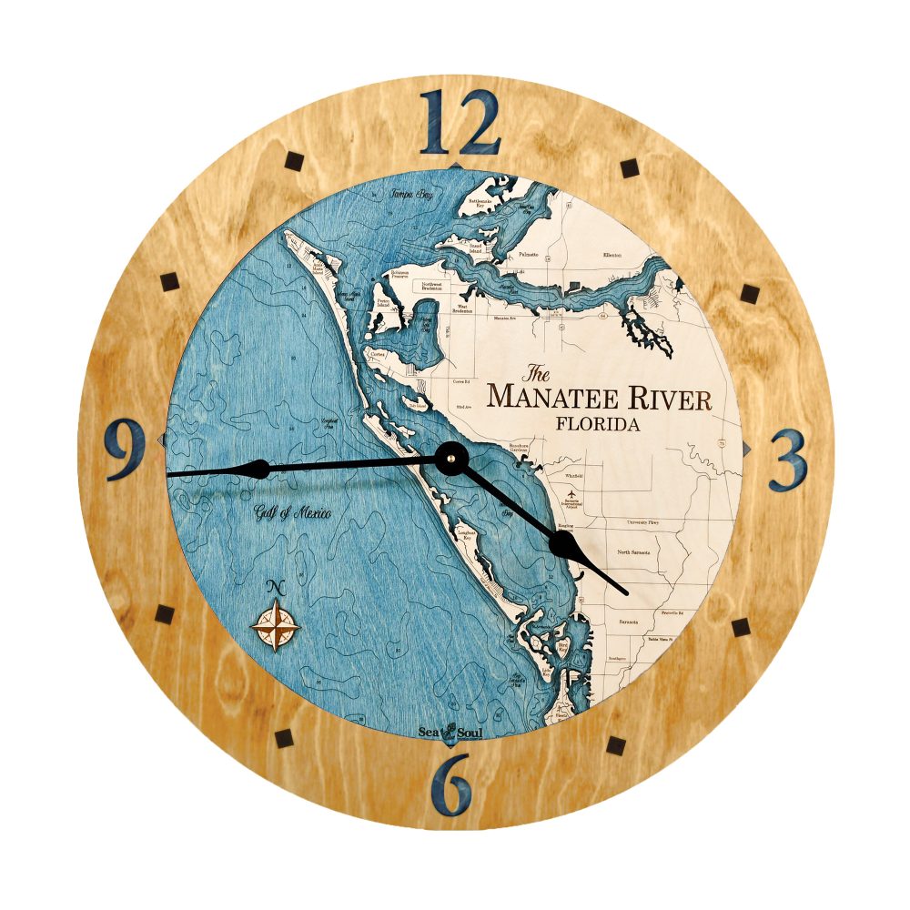 Manatee River Nautical Clock Honey accent with deep blue water