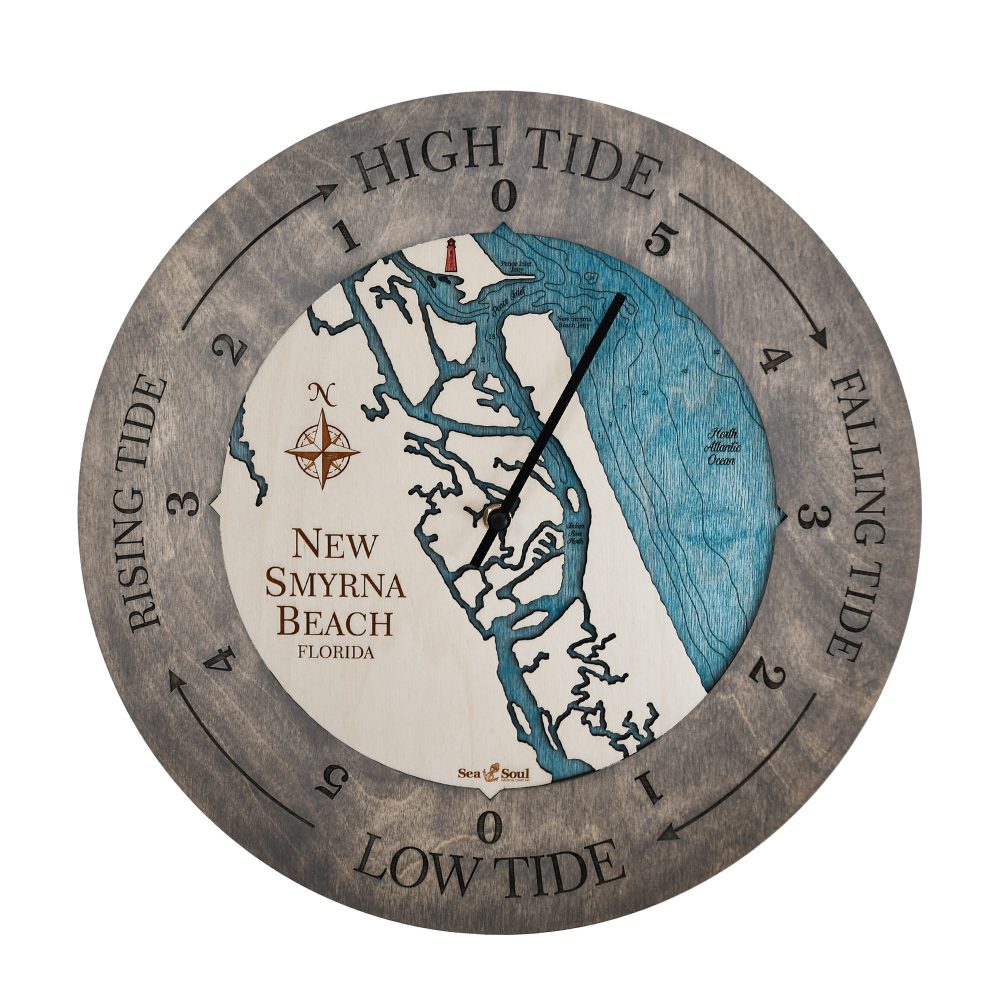 New Smyrna Beach Tide Clock Driftwood Gray accent with blue green water