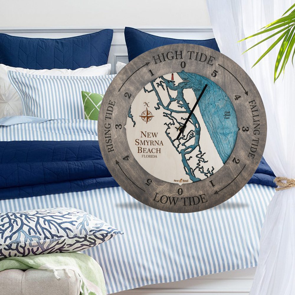 New Smyrna Beach Tide Clock Driftwood Gray accent with blue green water in use