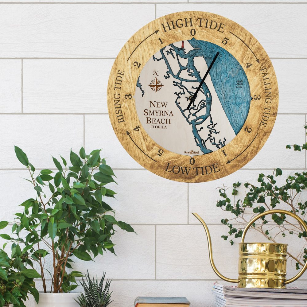 New Smyrna Beach Tide Clock Honey accent with deep blue water in use