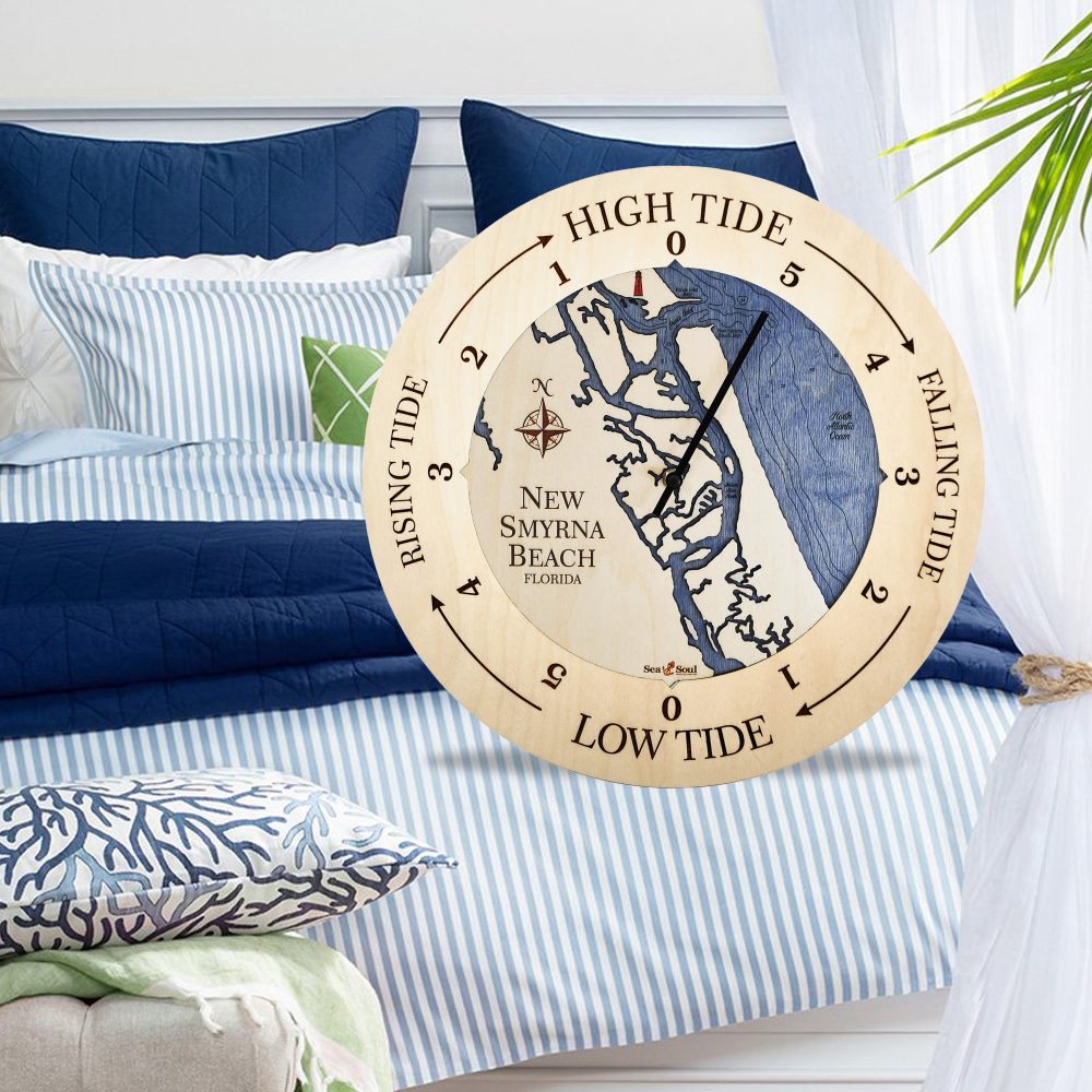 New Smyrna Beach Tide Clock All Birch accent with deep blue water in use