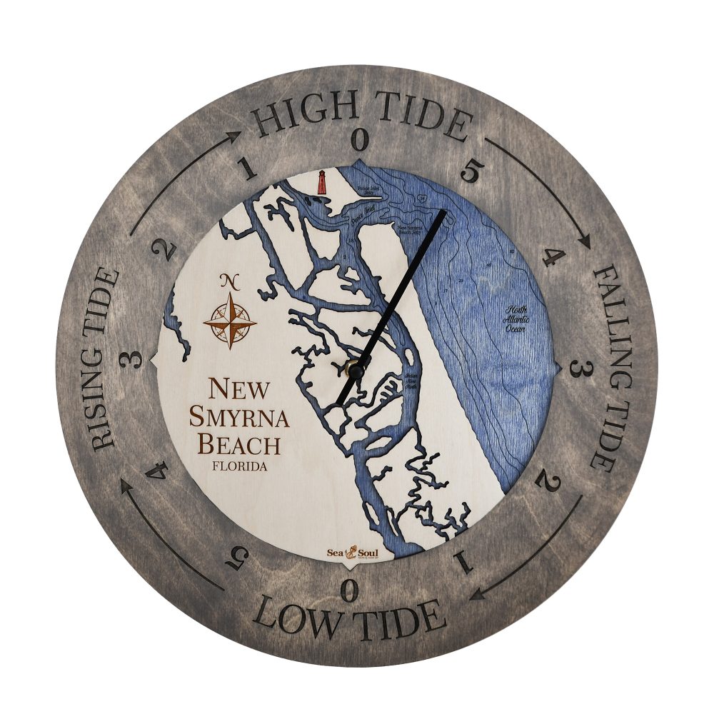 New Smyrna Beach Tide Clock Driftwood Gray accent with deep blue water