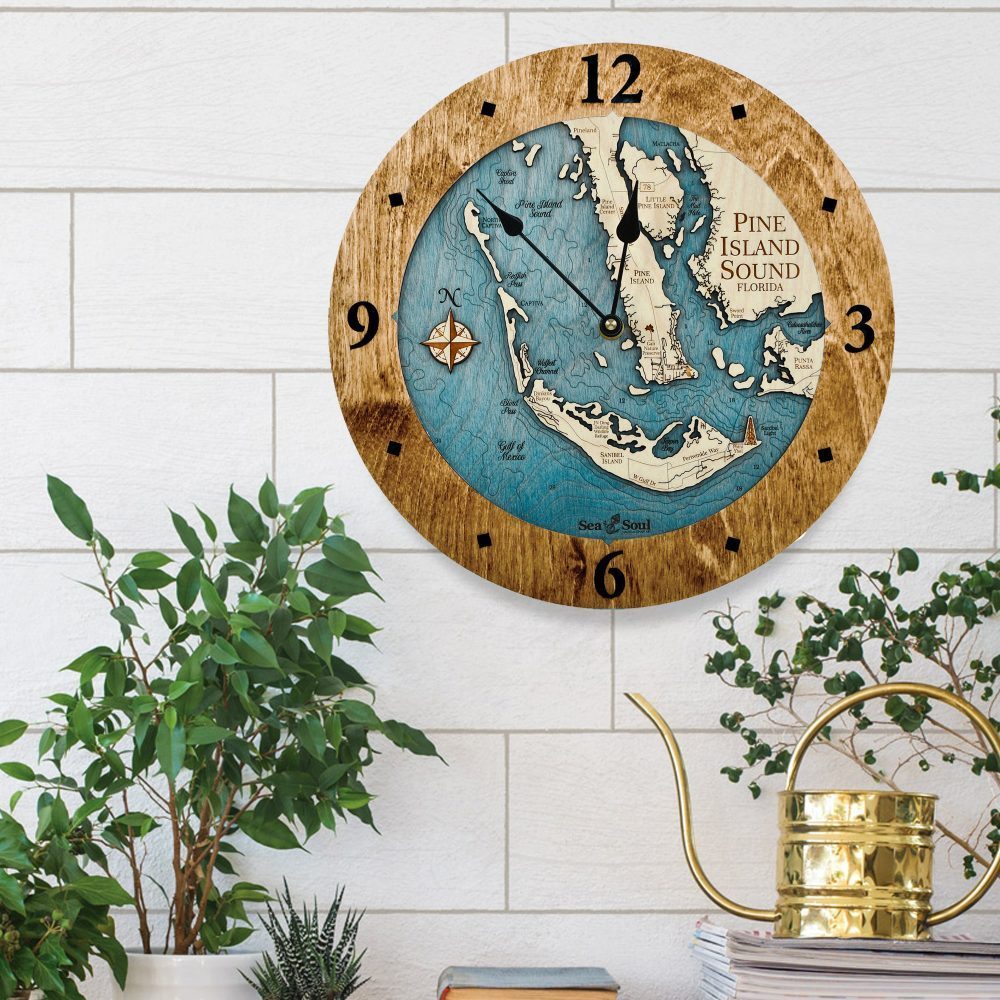 Pine Island Sound Nautical Clock Coffee accent with blue green water in use