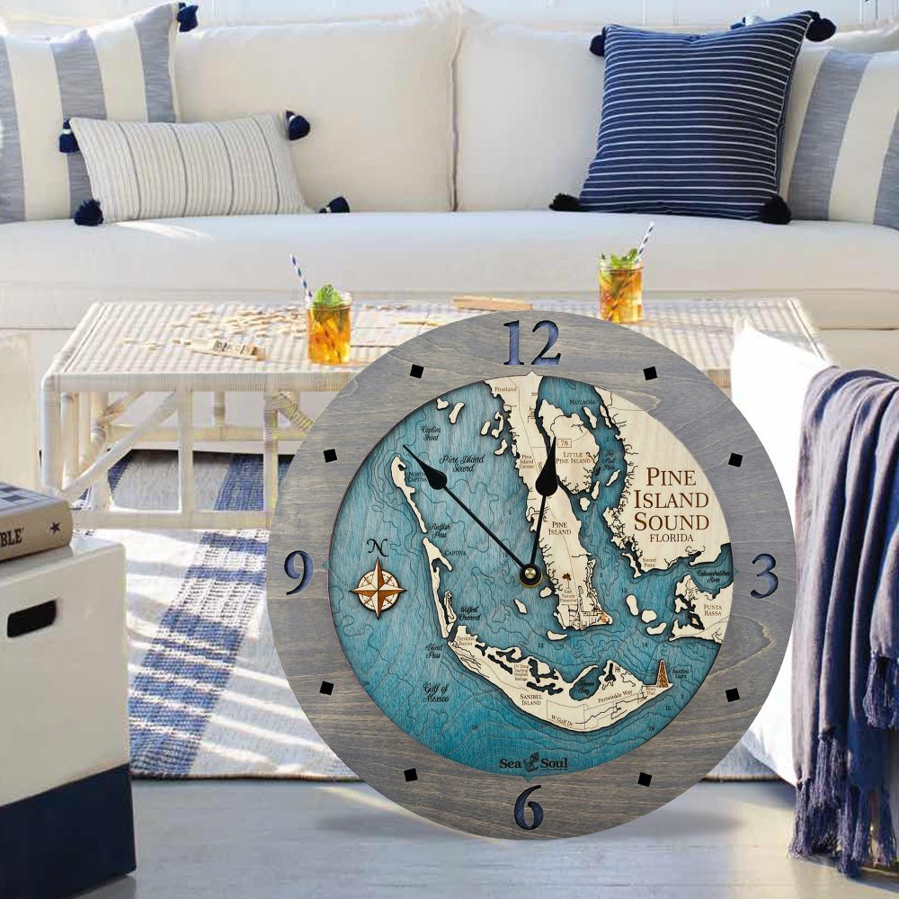 Pine Island Sound Nautical Clock driftwood gray accent with blue green water in use