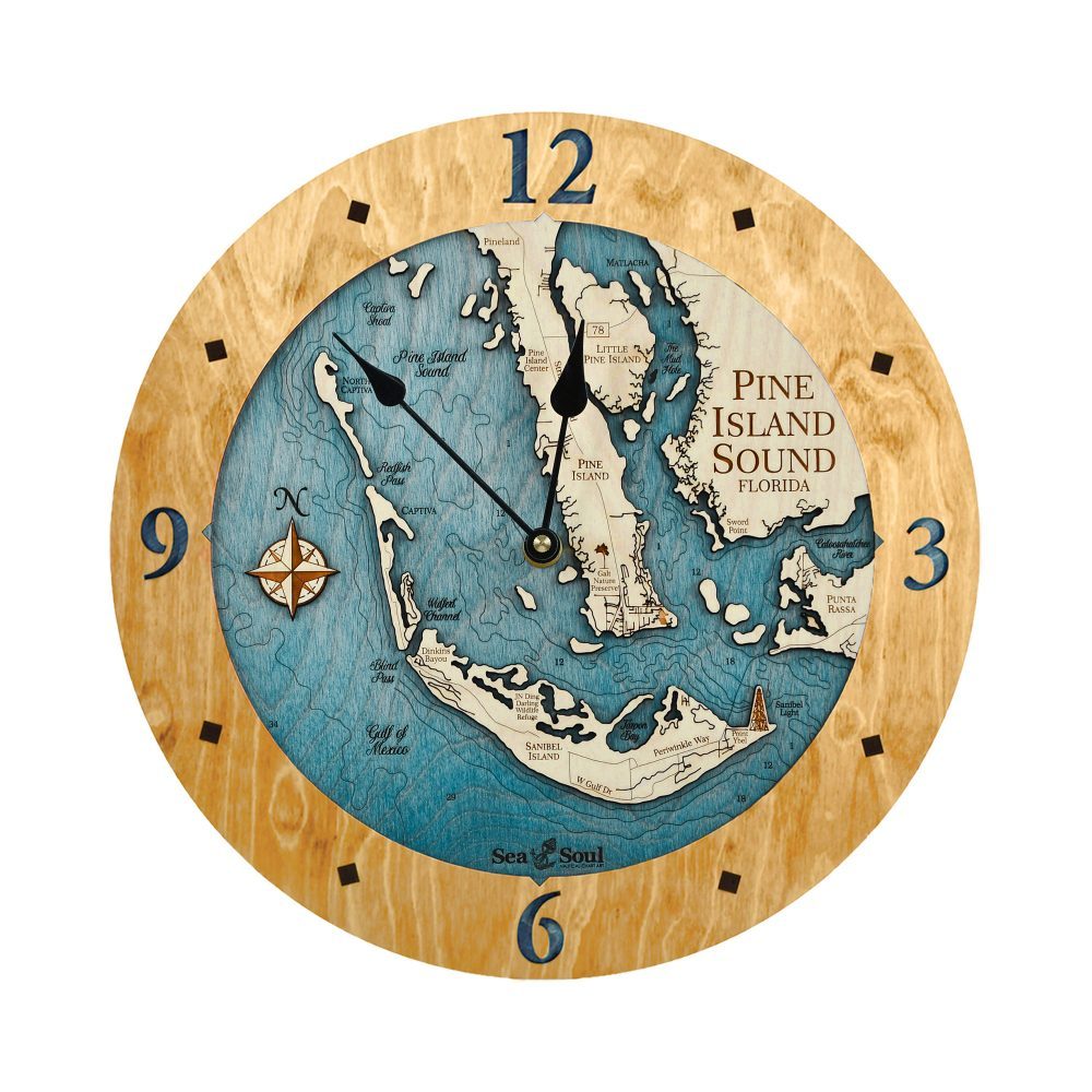 Pine Island Sound Nautical Clock Honey accent with blue green water