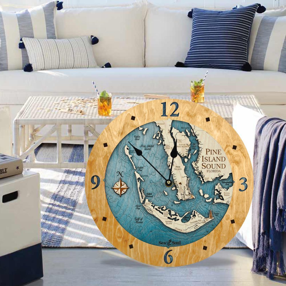 Pine Island Sound Nautical Clock Honey accent with blue green water in use