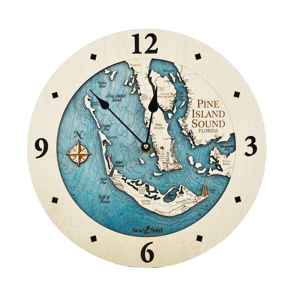 Pine Island Sound Nautical Clock All Birch with blue green water