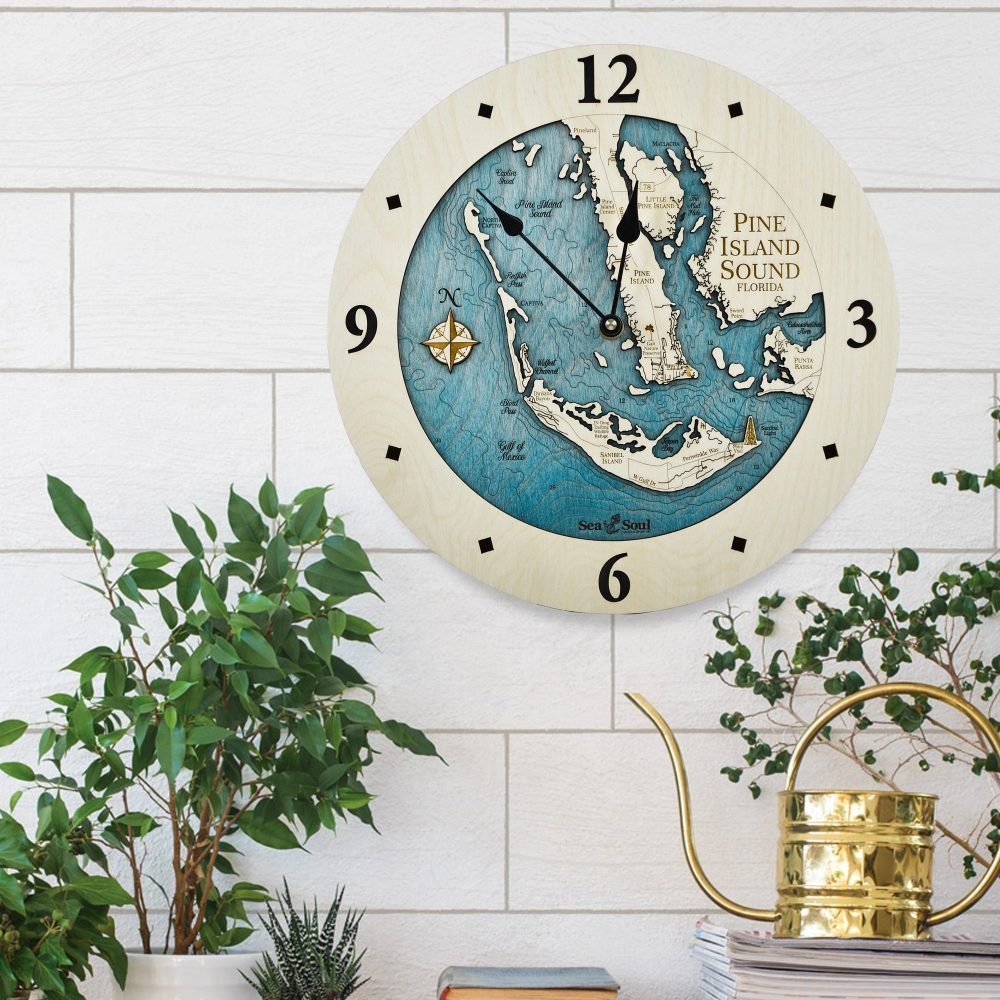 Pine Island Sound Nautical Clock All Birch with blue green water in use