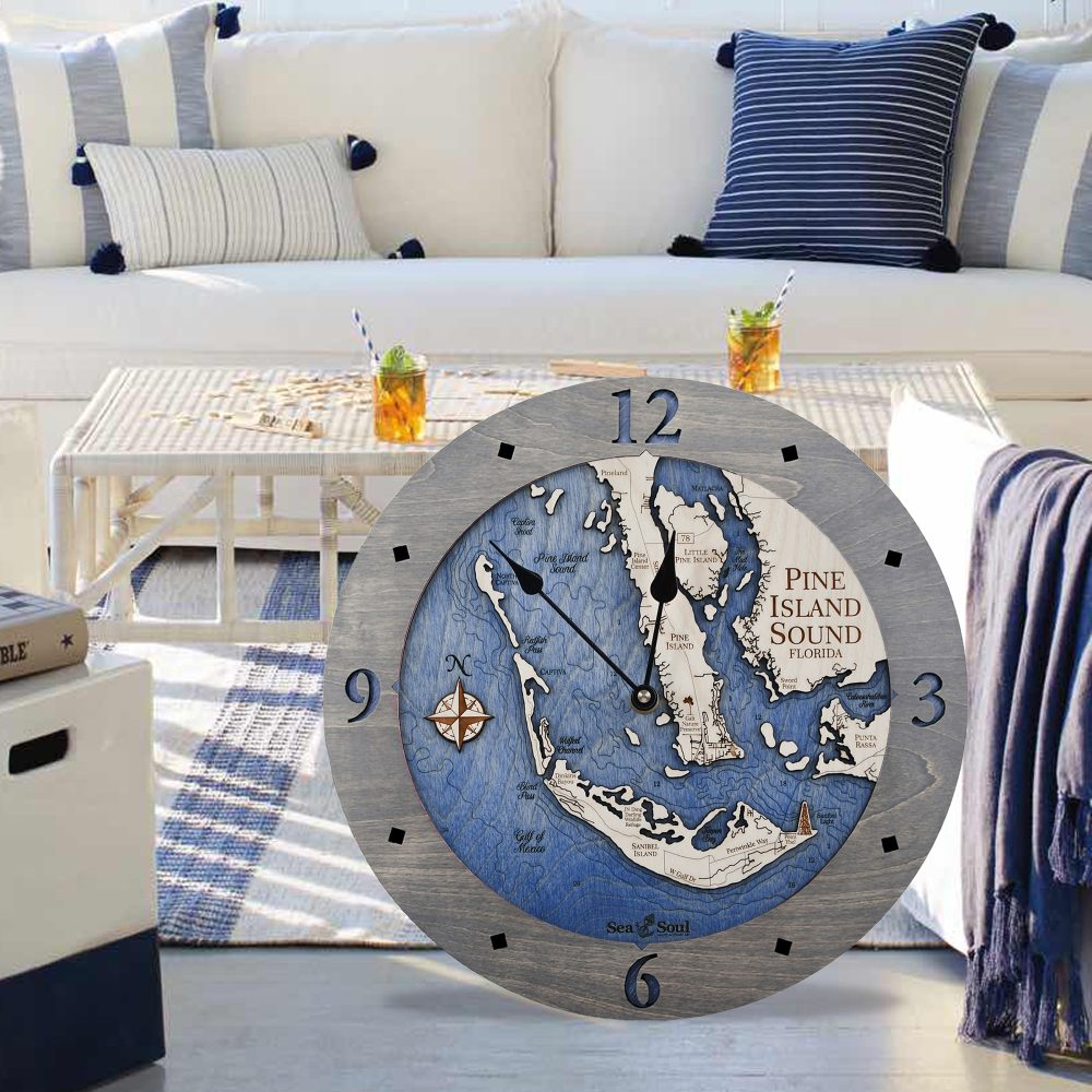 Pine Island Sound Nautical Clock Driftwood Gray accent with deep blue water in use