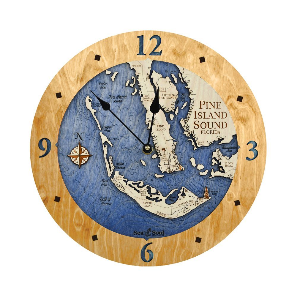 Pine Island Sound Nautical Clock Honey accent with deep blue water