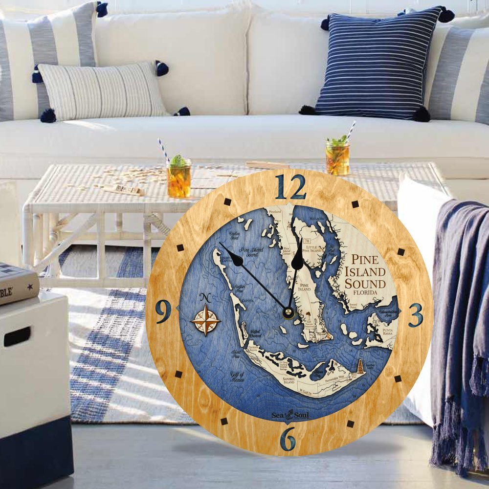 Pine Island Sound Nautical Clock Honey accent with deep blue water in use