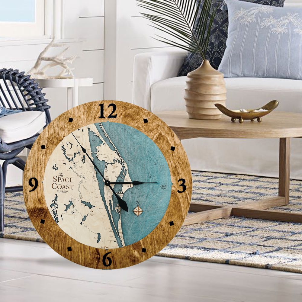 Space Coast Nautical Clock Coffee accent with blue green water in use