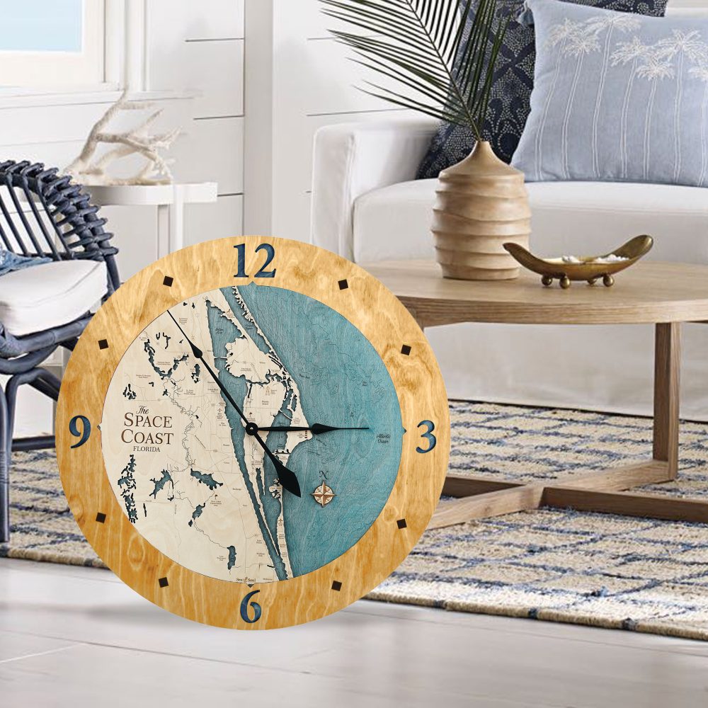 Space Coast Nautical Clock Honey accent with blue green water in use