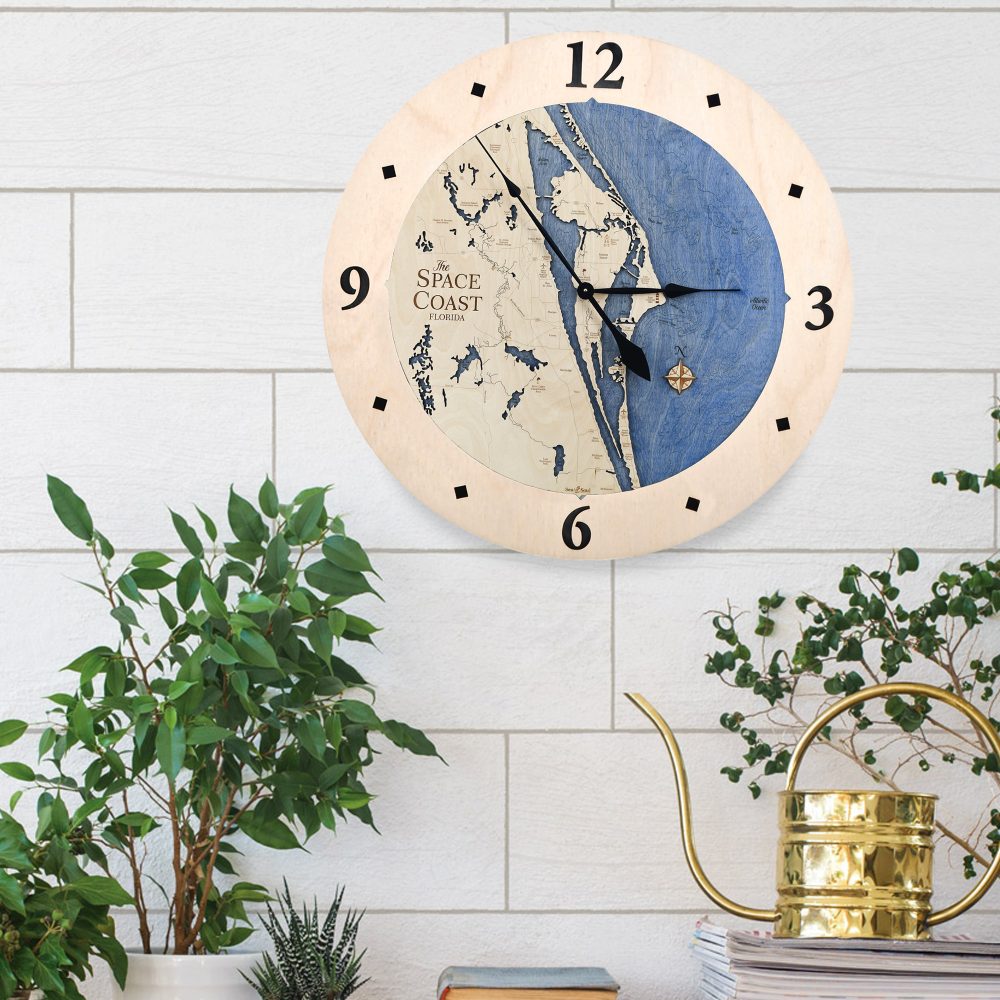 Space Coast Nautical Clock All Birch with deep blue water in use