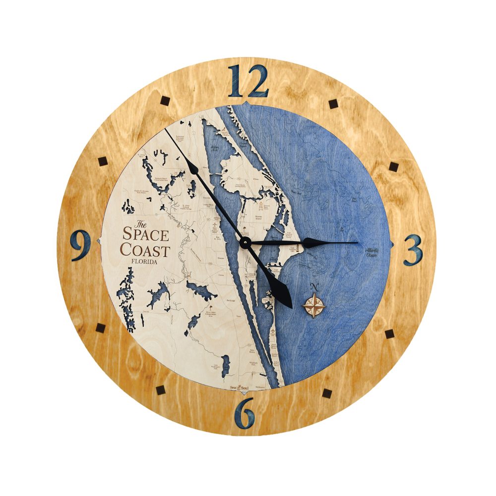 Space Coast Nautical Clock Honey accent with deep blue water