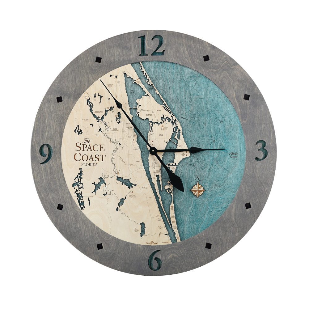 Space Coast Nautical Clock Driftwood Gray accent with blue green water