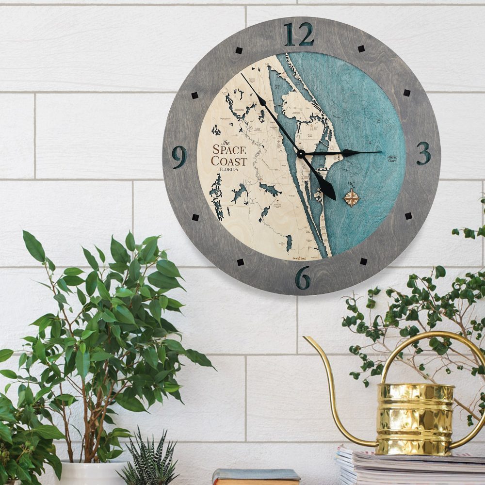 Space Coast Nautical Clock Driftwood Gray accent with blue green water in use