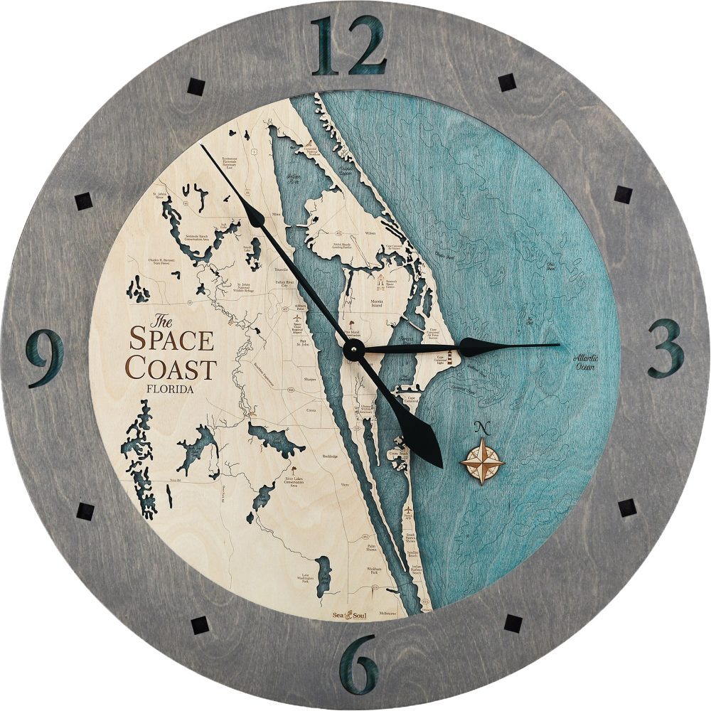 Space Coast Nautical Clock Driftwood Gray accent with blue green water