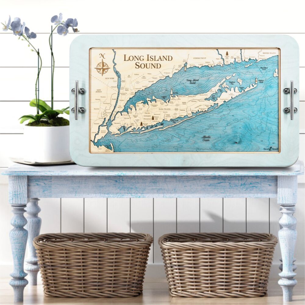 Long Island Sound Boat Cleat Handle Serving Tray in Bleached Blue Frame with Blue Green water