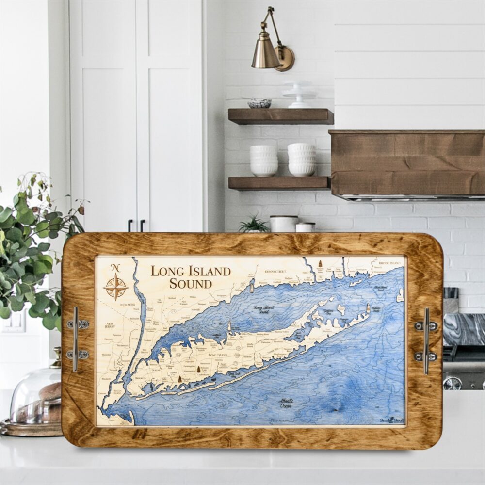 Long Island Sound Boat Cleat Handle Serving Tray in Coffee Frame with Blue water