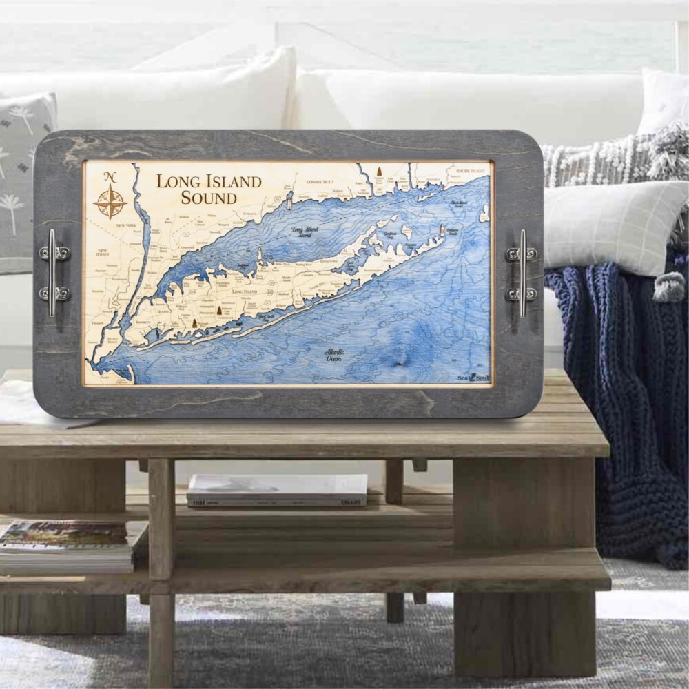 Long Island Sound Boat Cleat Handle Serving Tray in Driftwood Frame with Blue water