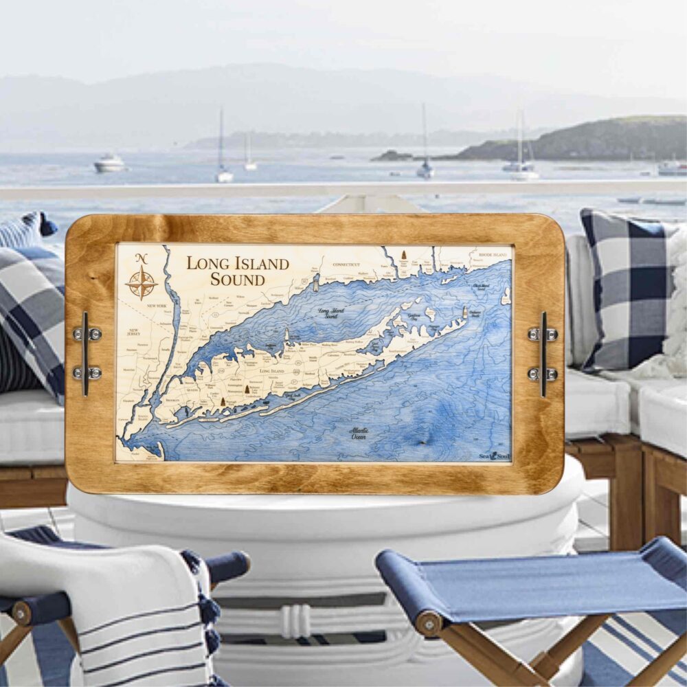 Long Island Sound Boat Cleat Handle Serving Tray in Golden Honey Frame with Blue water