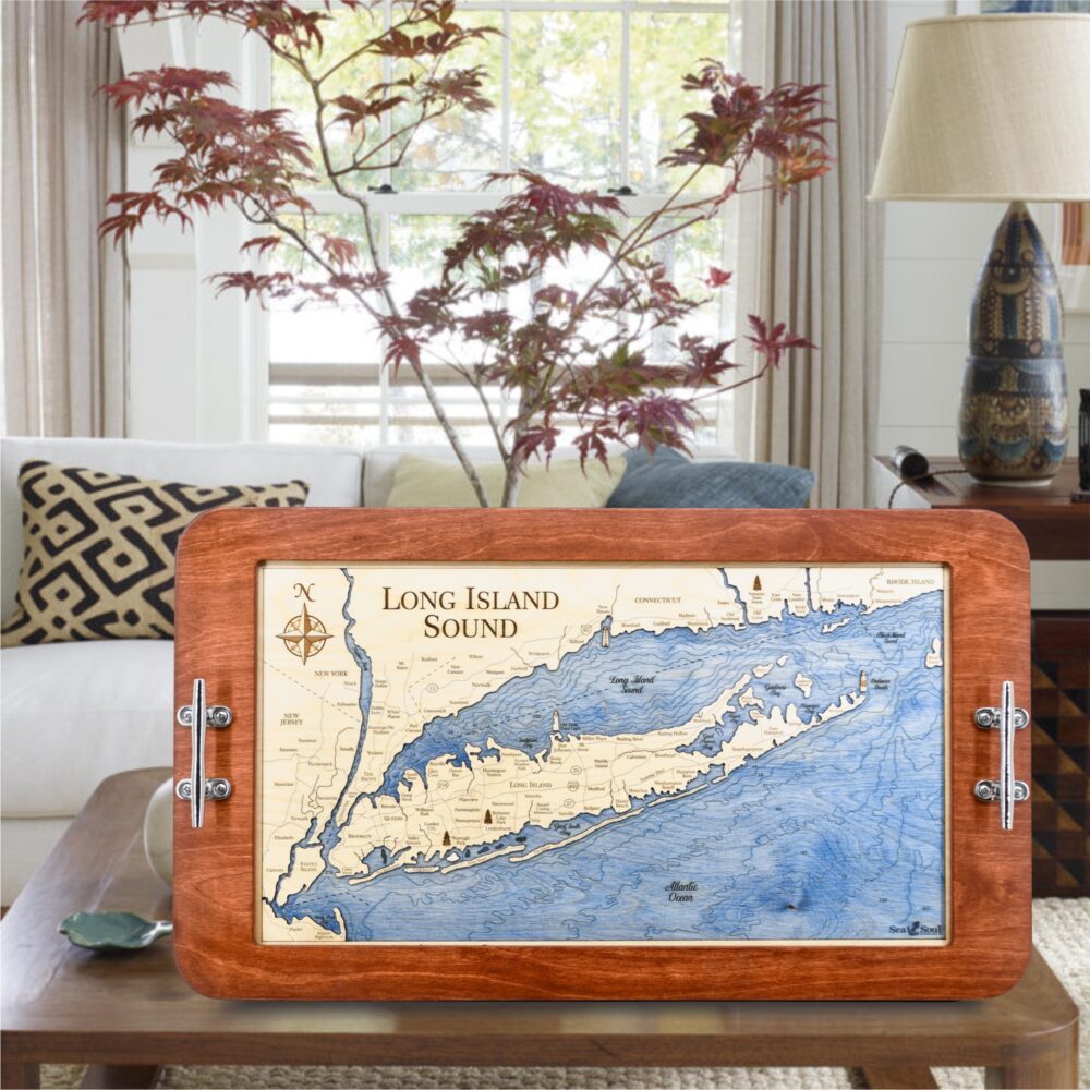 Long Island Sound Boat Cleat Handle Serving Tray in Mahogany Frame with Blue water