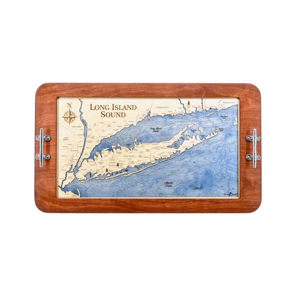 Long Island Sound Boat Cleat Handle Serving Tray in Mahogany Frame with Blue water listing image