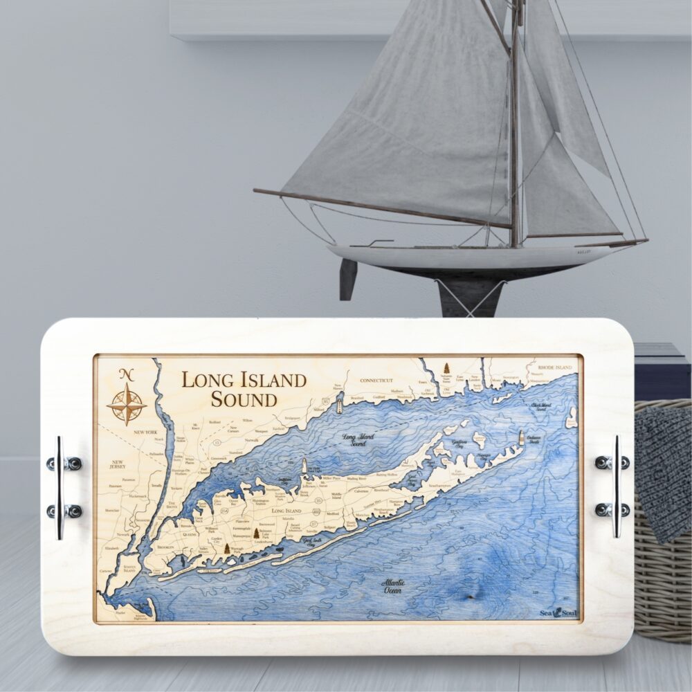 Long Island Sound Boat Cleat Handle Serving Tray in Coastal White Frame with Blue water