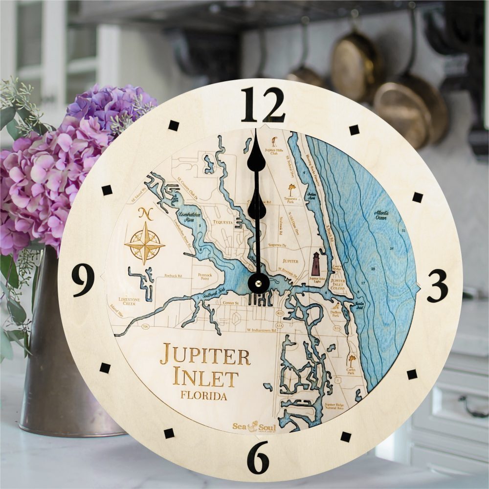 Jupiter Inlet Clock in all Birch and Blue Green Water - lifestyle