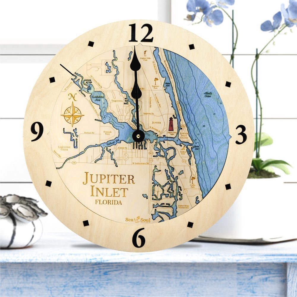 Jupiter Inlet Clock in all Birch and Deep Blue Water - lifestyle