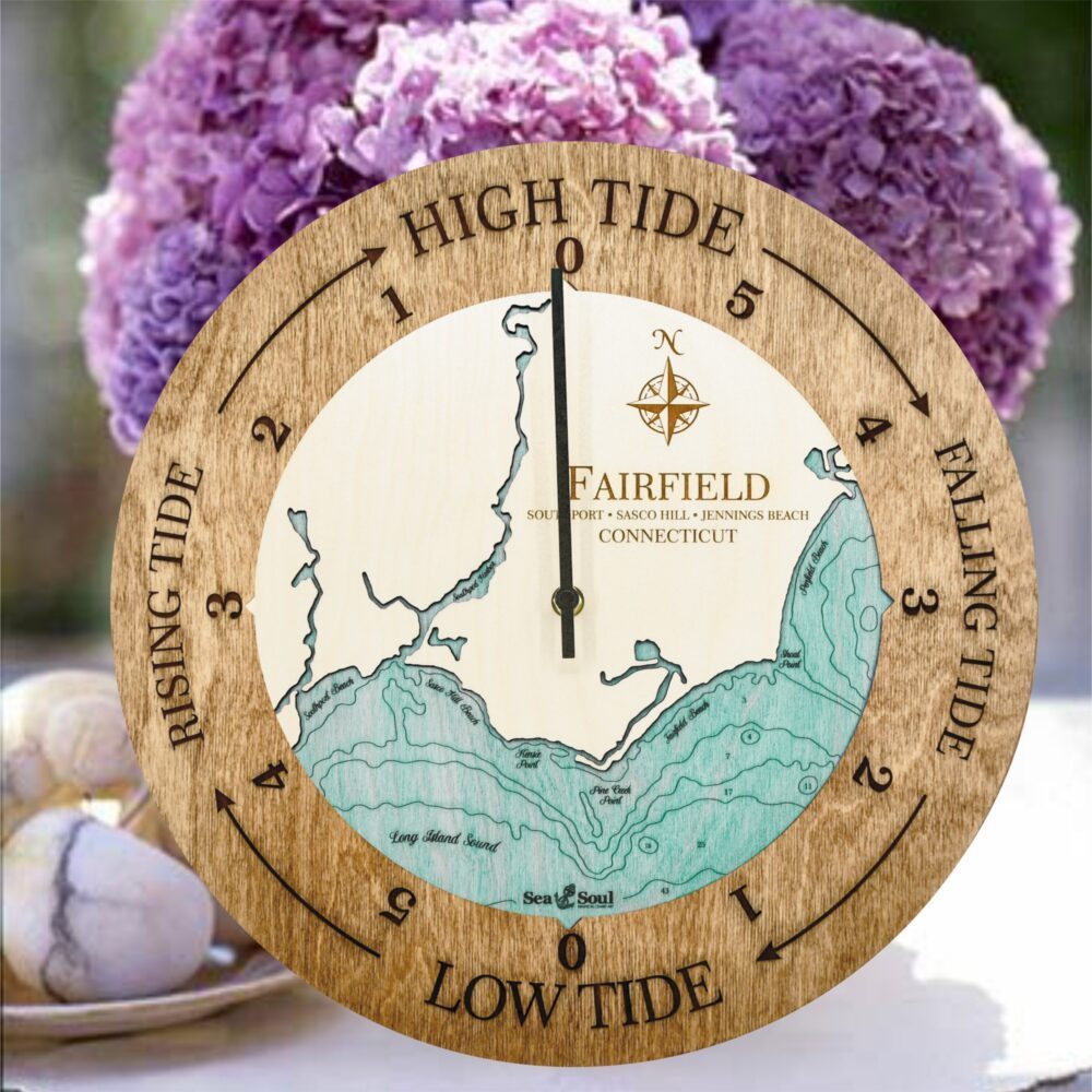 Fairfield Tide Clock in Americana with Blue Green Water in use