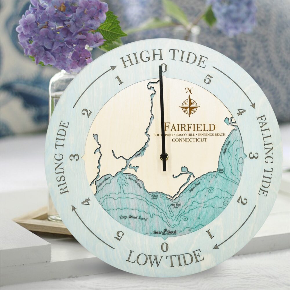 Fairfield Tide Clock in Bleached Blue with Blue Green Water in use