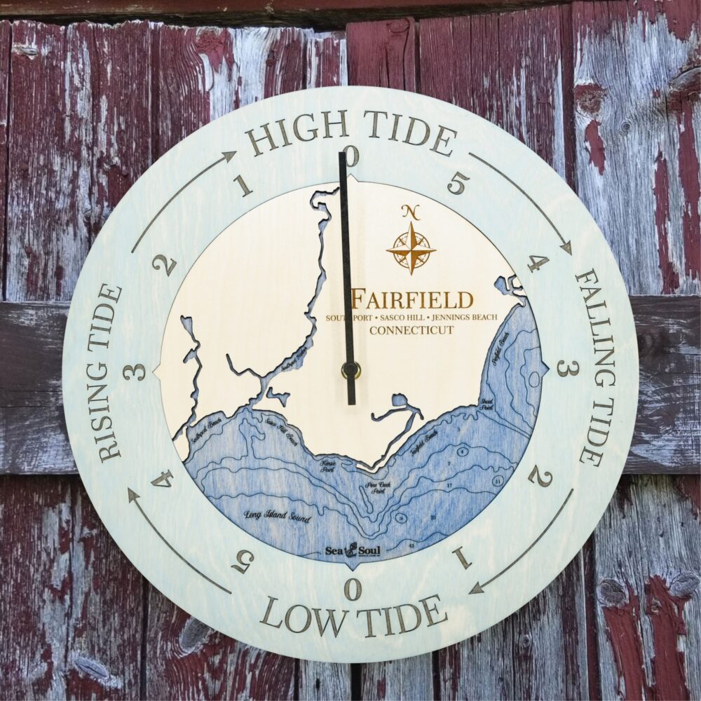 Fairfield Tide Clock in Bleached Blue with Deep Blue Water in use