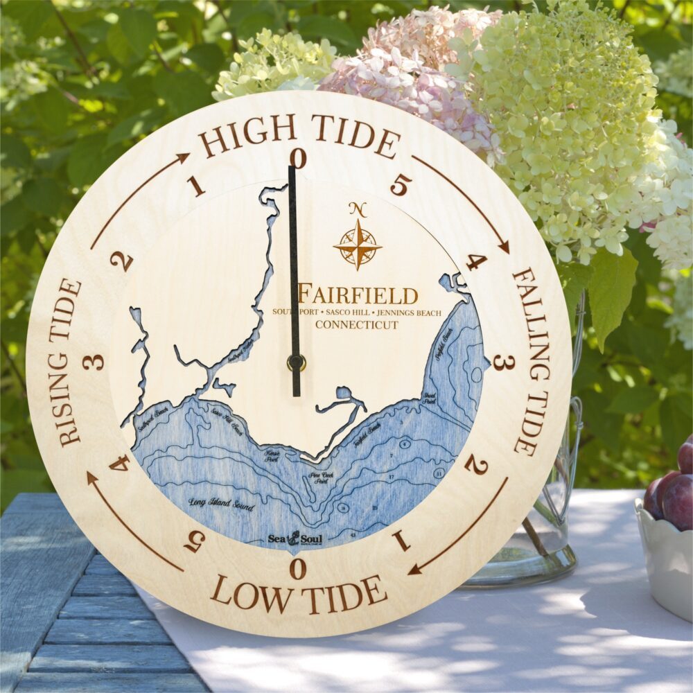 Fairfield Tide Clock in Birch with Deep Blue Water in use