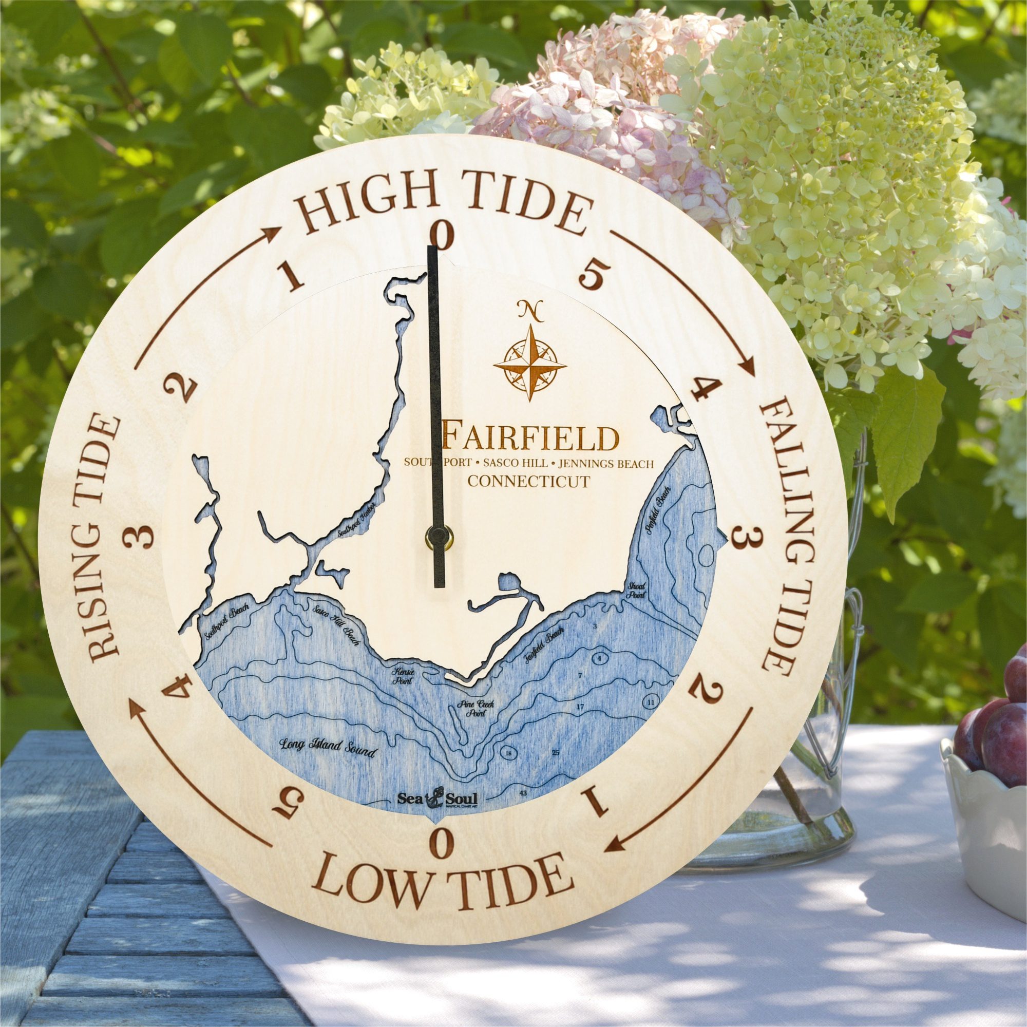 Fairfield Tide Clock in Birch with Deep Blue Water in use