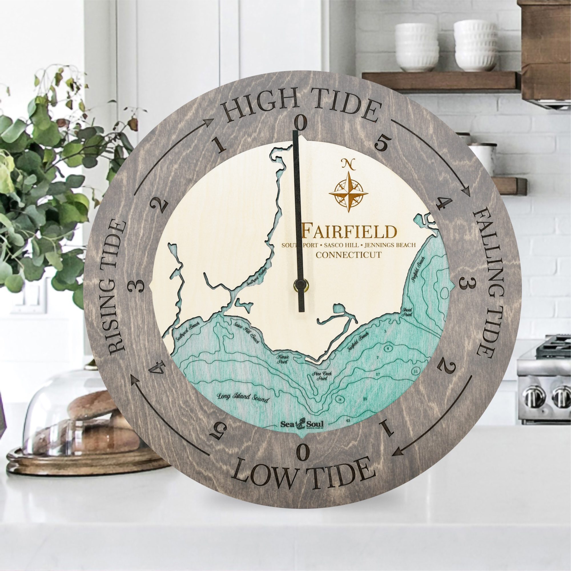 Fairfield Tide Clock in Driftwood with Blue Green Water in use