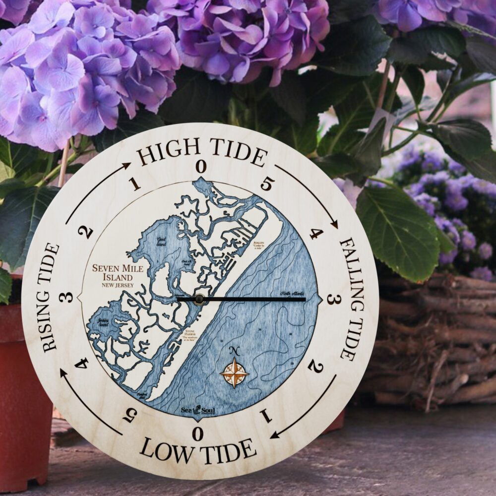Seven Mile Island Tide Clock All Birch with Deep Blue Water in use