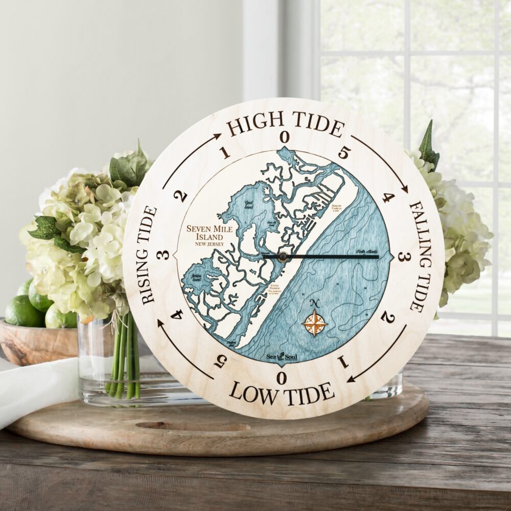 Seven Mile Island Tide Clock All Birch with Blue Green Water in use