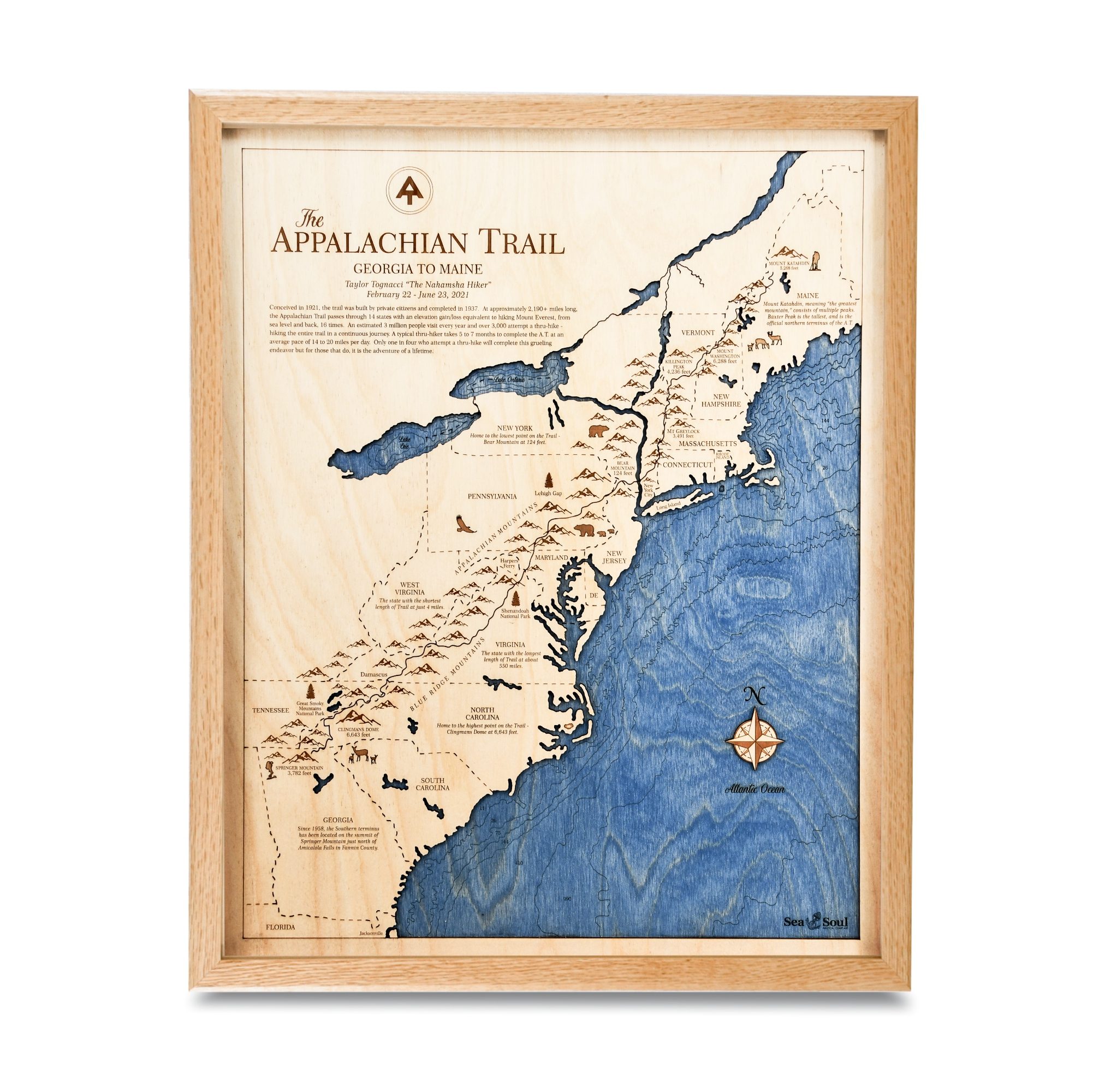 Appalachian Trail Thru-Hike Map Oak frame