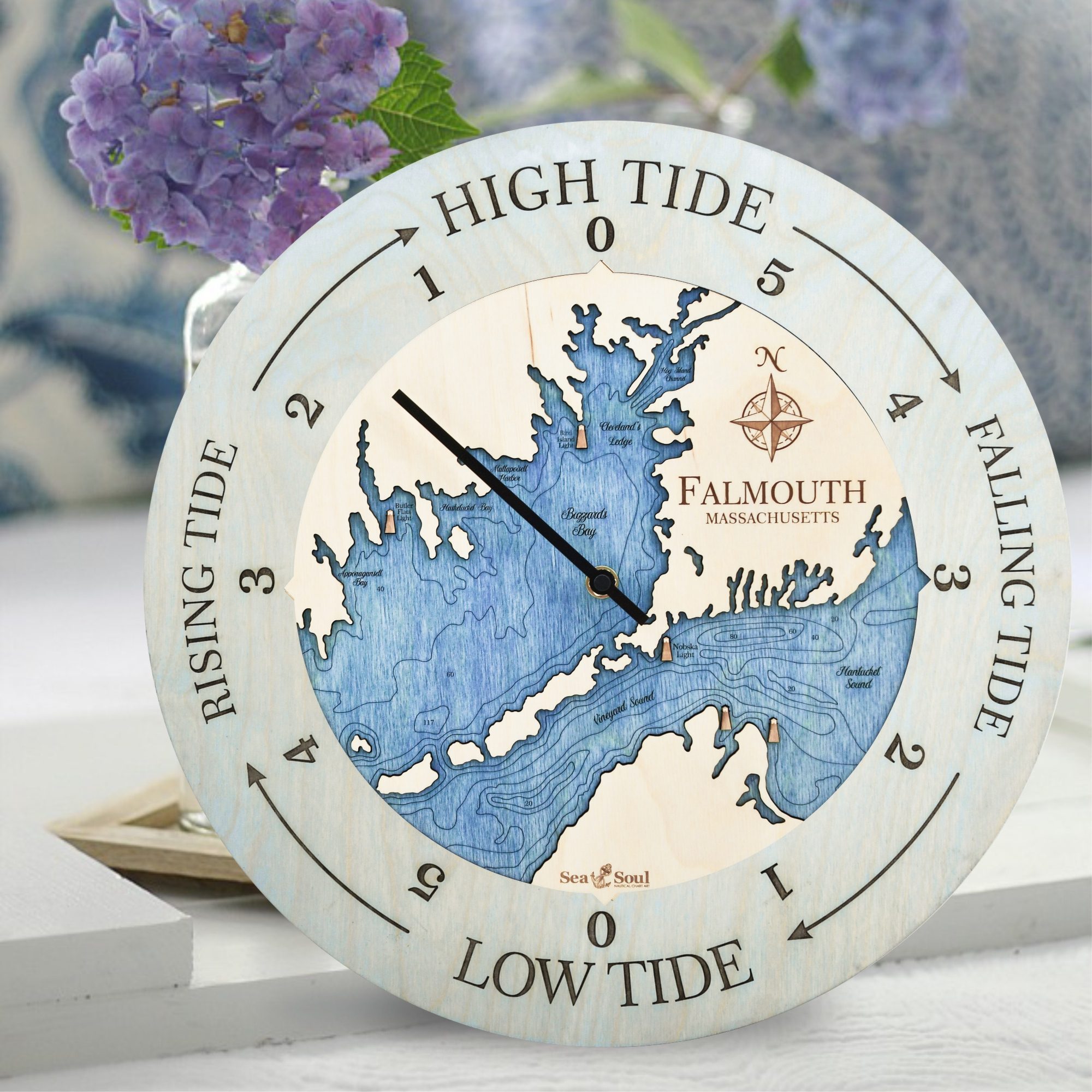 Falmouth Tide Clock Bleached Blue with Deep Blue water in use
