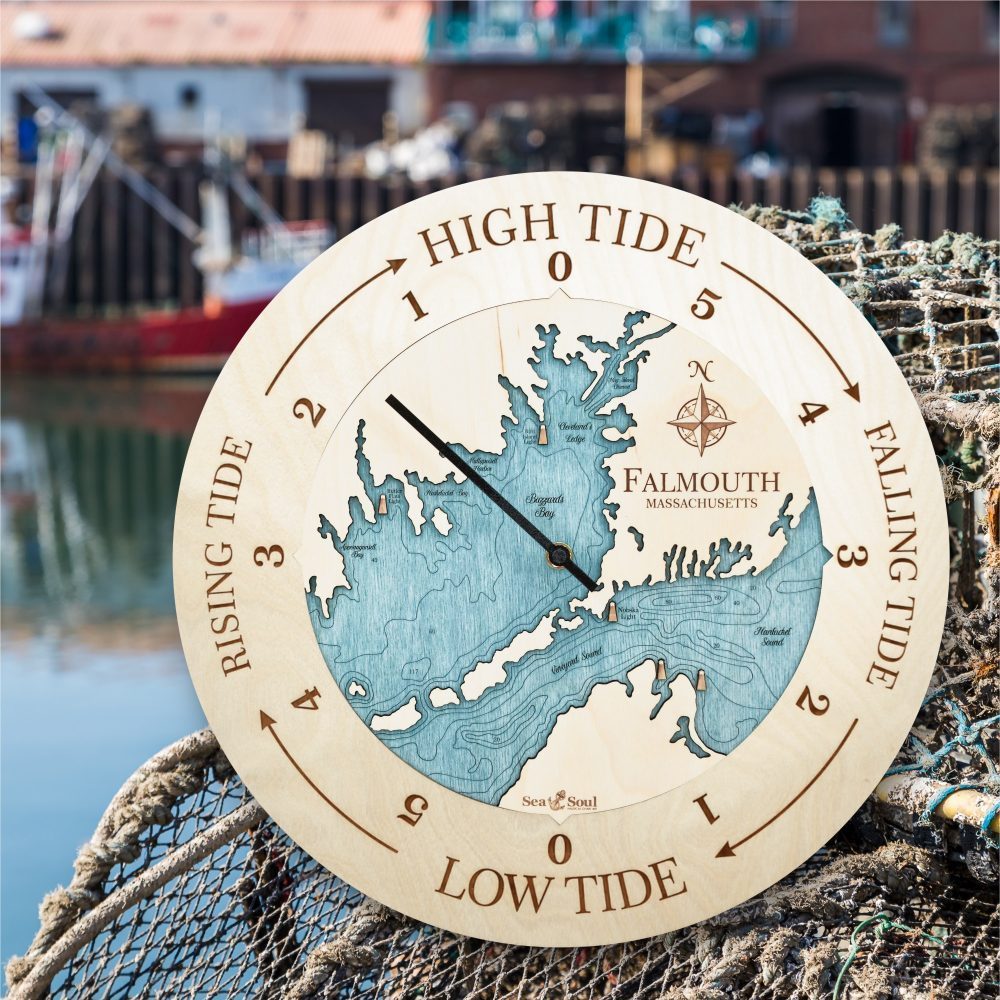 Falmouth Tide Clock Birch with Blue Green water in use